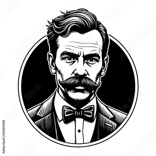 A distinguished gentleman with a magnificent mustache, his sharp features, and formal attire, conveys an air of old-world charm and sophistication.
