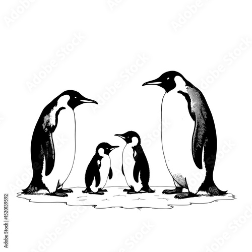 A heartwarming black and white sketch depicts an emperor penguin family together, capturing the tender bond between parents and their young ones. the image evokes a sense of warmth and familial love.