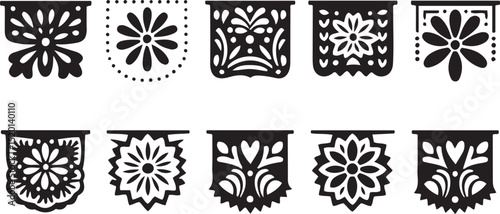 Set of Mexican decorative frames and borders in black silhouette style. Includes floral, geometric, and papel picado inspired patterns, festive folk art motifs