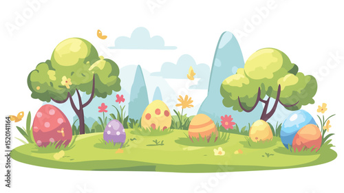Spring Meadow with Hidden Eggs for Easter Celebration