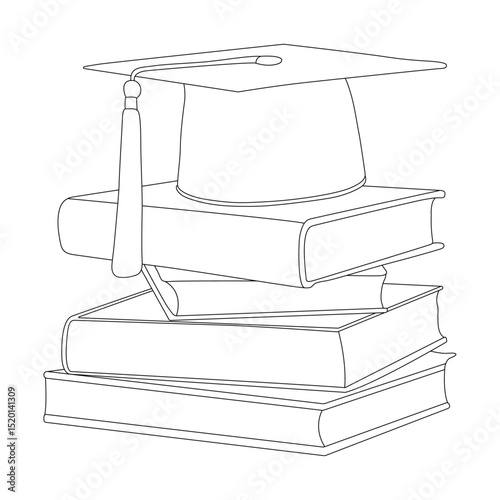 Graduation cap and books line art vector design. Graduation cap and books outline illustration design.