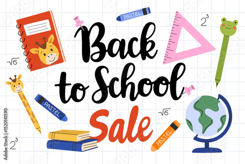 Back to school sale vector banner with cute school supplies – flat digital illustration featuring novelty pens, colorful pastel crayons, spiral notebook with animal cover, textbooks, math symbols.