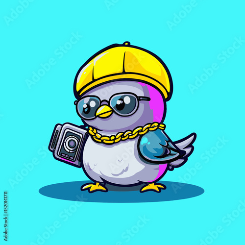 Chilling Bird with Accessories: Adorable cartoon bird sporting a trendy cap, glasses, and a stylish chain, casually holding a boombox, embodies the essence of cool and vibrant youth culture.