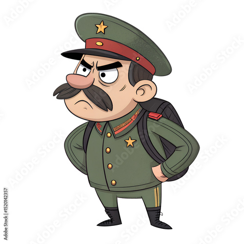 A cartoon character dressed as a military officer. He has a thick mustache, wears a green uniform with a red star, and carries a backpack. The background is black.