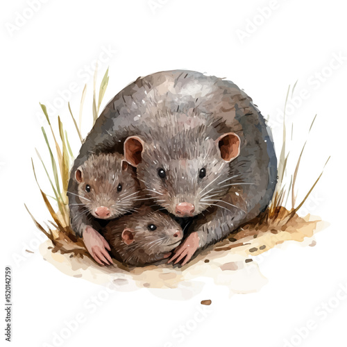 A Mother Mole With Her Kid, watercolor vector, high quality, isolated on a white background.