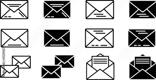 Collection of envelope and letter icon variations in black and white minimalist for mail, communication, email, and message interface