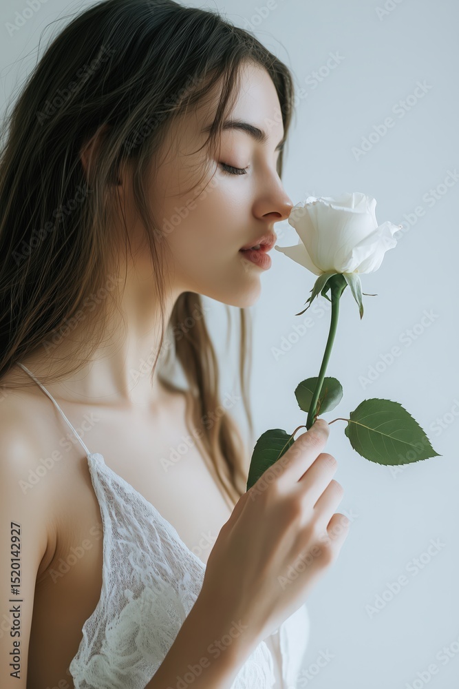 Woman gently smelling a white rose in a serene indoor setting during natural light Woman gently smelling a white rose in a serene indoor setting during natural light