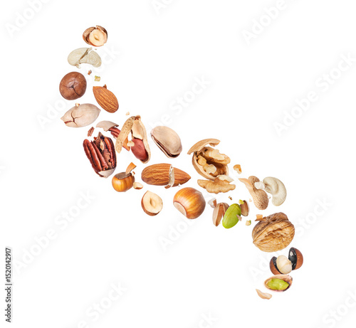 Assorted nuts arranged in a curved shape on a white background