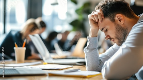 Exhausted Businessman Leaning Head on Hand in Busy Office