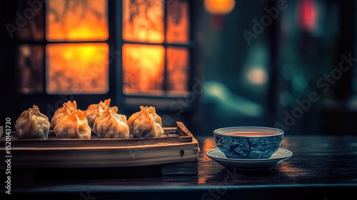 High contrast lighting illuminating golden edges of crispy dim sum next to soy sauce bowl
