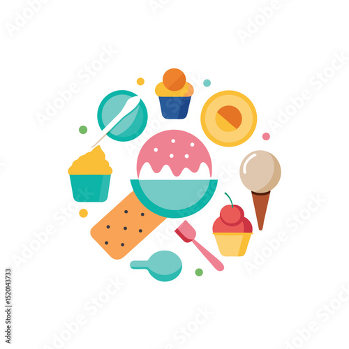 vector icon Ice Cream  Flat lays with spoons, cones, bowls, melting cream, napkins on white background in Adobe Illustrator Artwork