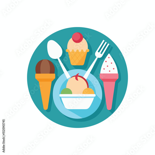 vector icon Ice Cream  Flat lays with spoons, cones, bowls, melting cream, napkins on white background in Adobe Illustrator Artwork