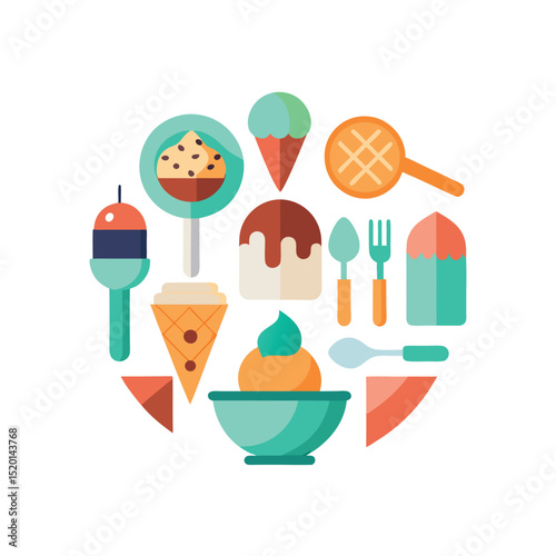 vector icon Ice Cream  Flat lays with spoons, cones, bowls, melting cream, napkins on white background in Adobe Illustrator Artwork