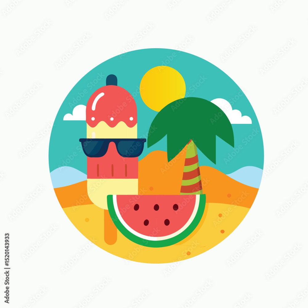 vector icon cartoon ice-cream beach background with sunglass and watermelon in Adobe Illustrator Artwork vector icon cartoon ice-cream beach background with sunglass and watermelon in Adobe Illustrator Artwork