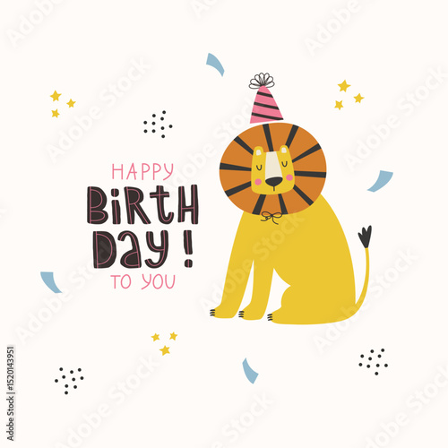 Happy Birthday greeting card with wild lion in party hat, colorful confetti and lettering. Hand drawn birthday card or poster concept.