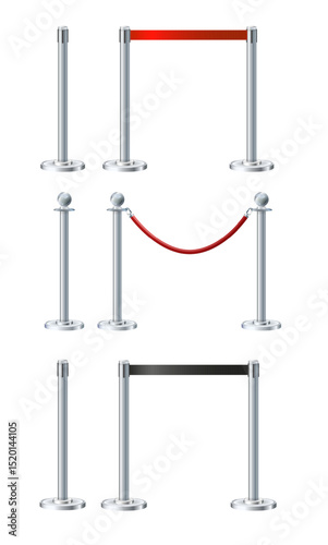Retractable belt rack. Portable tape barrier. Red tape for fencing. Red carpet with red ropes on silver supports. Exclusive event, movie premiere, gala concert, awards ceremony.