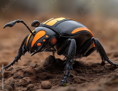 Realistic Black and Orange Beetle Crawling on Brown Dirt in Detailed Concept Art Style