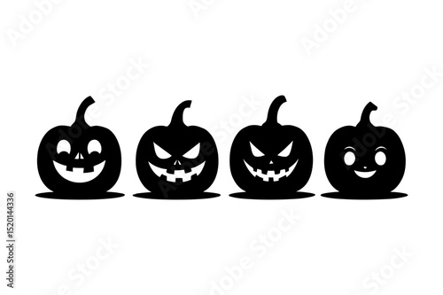 Four black halloween pumpkins with different faces halloween, vector, silhouette,  illustration, horizontal, isolated assets, on transparent background