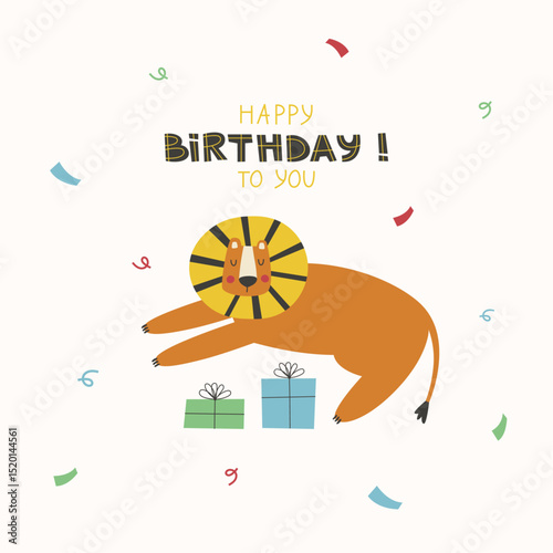 Happy birthday greeting card or poster with cute lion, colorful confetti, presents and greeting typography.