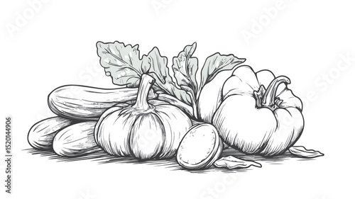 Fresh Vegetable Still Life Vector Illustration in Outline Style for Graphic Design Projects