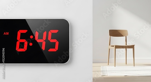 Digital clock displaying 6:45 AM with red digits against a black screen beside a wooden chair in a white room with natural lighting.