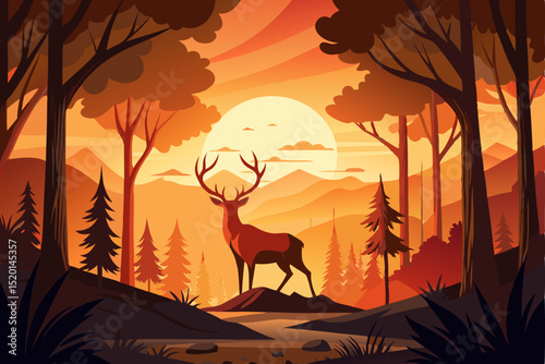 Horizontal Illustration of Wild Animals in a Forest Setting