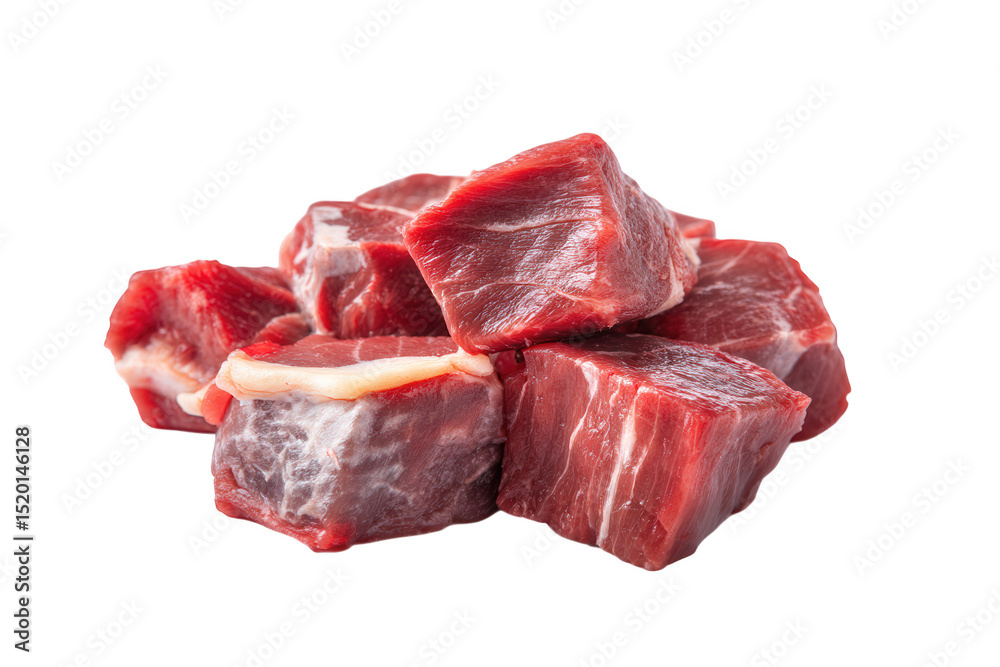 Fototapeta premium Fresh raw beef cubes isolated on transparent background, ready for cooking a delicious meal