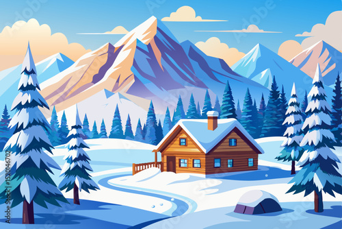 Charming Winter Landscape with Cozy House and Snowy Mountains Rural Scene Illustration