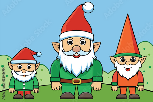 Cartoon Santa Claus and elf decorate a Christmas tree with gifts, celebrating the winter holiday fun