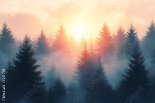 Mystical Forest Sunset with Mist and Colorful Horizon. Nature Photography of Serene Trees and Vibrant Summer Scenery photo