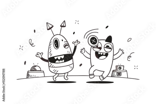 Funny space rocket cartoon with a smiling snowman and penguin character in a winter holiday vector illustration