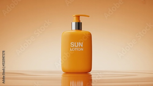 Modern orange square pump bottle labeled “SUN LOTION” standing on warm-toned surface with gradient background for skincare product concept