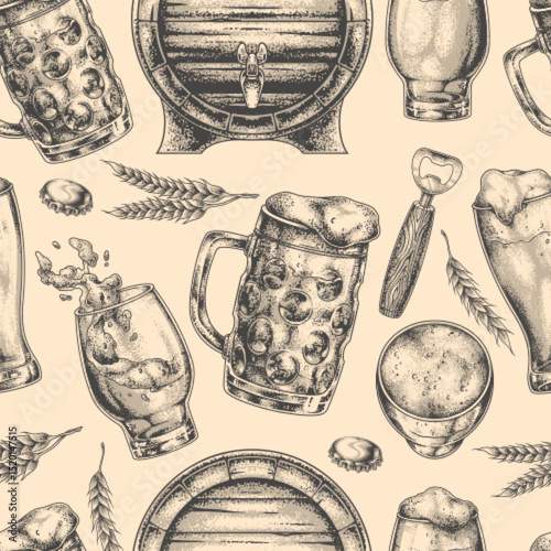 Patterns of beer mugs and barrels in vintage style