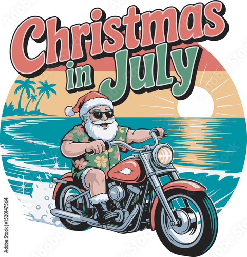 Merry Christmas card featuring a happy Santa Claus riding a motorcycle illustration
