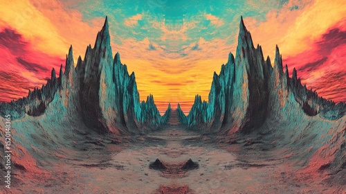 Jagged mountain columns layered into the distance beneath a vibrant, cloudy sunset sky