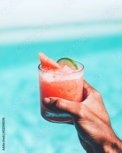 Refreshing summer cocktail with watermelon and lime by a turquoise pool. Tropical vacation and chill vibes