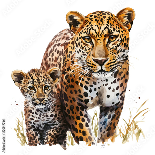 A Mother Leopard With Her Kid, watercolor drawing vector, high quality, isolated on a white background.