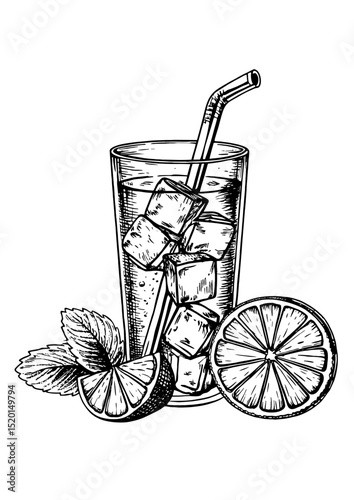Lemon iced tea in sketch style in a glass with mint for menus, blogs, and culinary posts with copy space