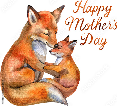 Watercolor Cute mom and baby fox. Mother's Day greeting card.