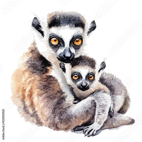 A Mother Lemur With Her Kid, watercolor illustration vector, high quality, isolated on a white background.
