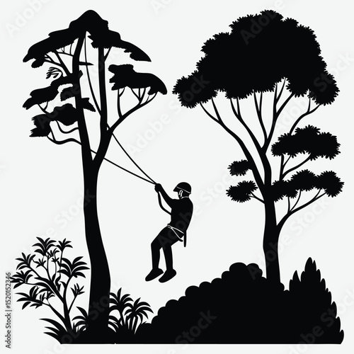 A person ziplining through jungle trees  silhouette image vector art and illustration	