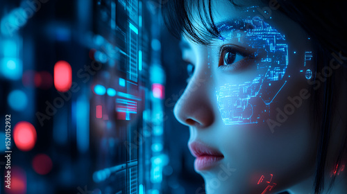 Cyberpunk Vision, Exploring the Intersection of Technology and Human Identity, Unveiling the Next Frontier of Digital Innovation, Education technology concept Women use Laplets Learn online webinars