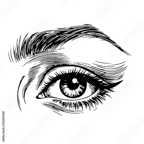 Eye illustration featuring detailed eyeliner and natural lashes - Concept of vintage sketch  