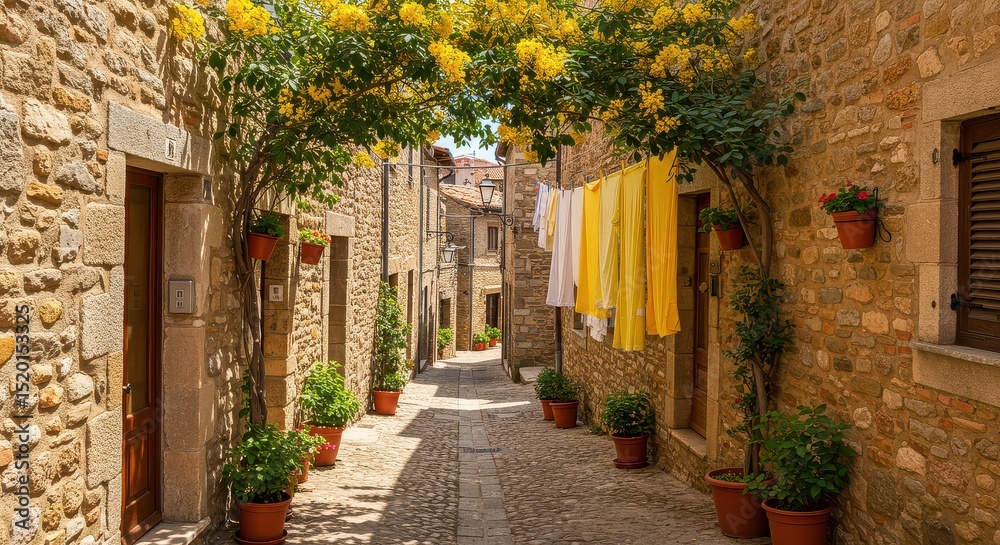Obraz premium Charming Italian alleyway with stone buildings, flowers, and hanging laundry