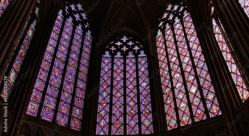 Elaborate stained glass windows in a cathedral with geometric and figurative designs Elaborate stained glass windows in a cathedral with geometric and figurative designs