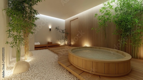 Japanese-style wooden soaking tub in a serene spa environment with soft lighting and bamboo accents