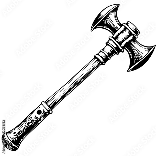 Vintage sketch of a detailed battle axe in black and white  