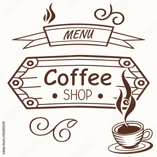 Cozy coffee shop vector logo and rustic menu label designs