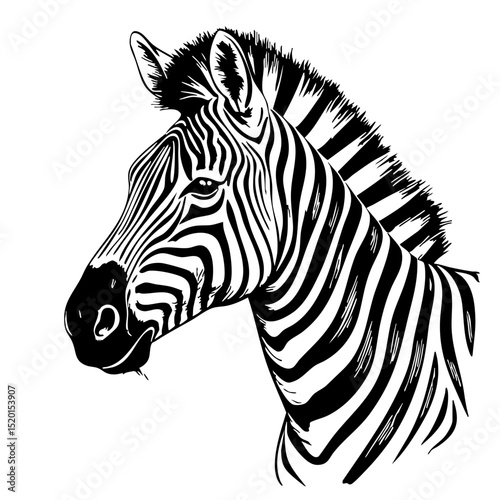 Zebra illustration featuring detailed black and white vintage sketch style  