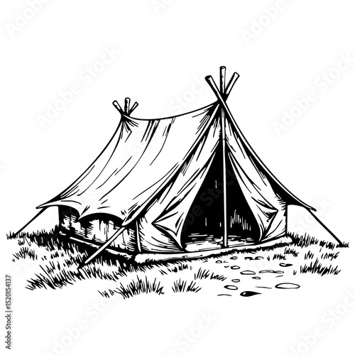 Vintage sketch of a tent in a grassy outdoor setting  